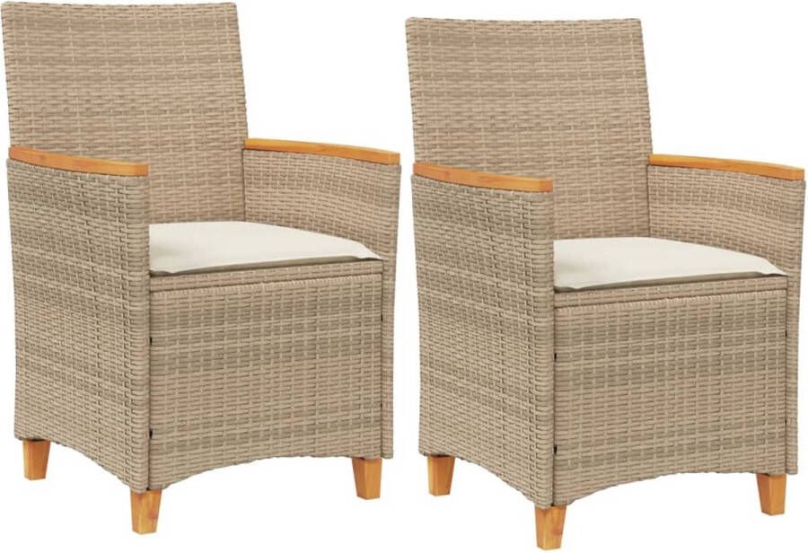 VidaXL Tuinstoelen 2 st met kussens poly rattan en massief hout beige