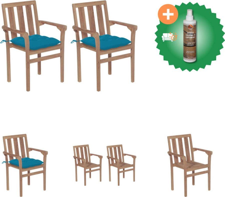 VidaXL Tuinstoel Set 2 Stuks Hout Stapelbaar 58x50x89cm Lichtblauwe Zitkussens Tuinstoel Inclusief Houtreiniger en verfrisser
