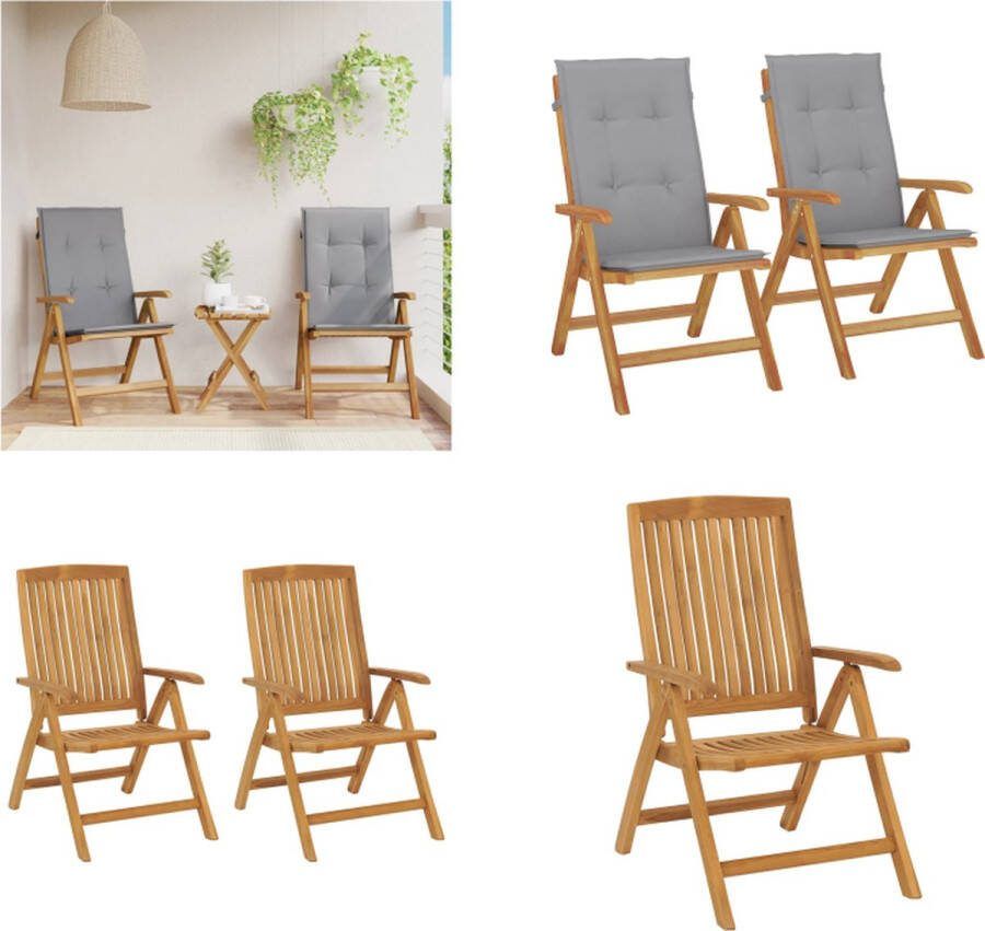 VidaXL Tuinstoelen 2 st verstelbaar met kussens massief teakhout Tuinstoel Tuinstoelen Campingstoel Standenstoel