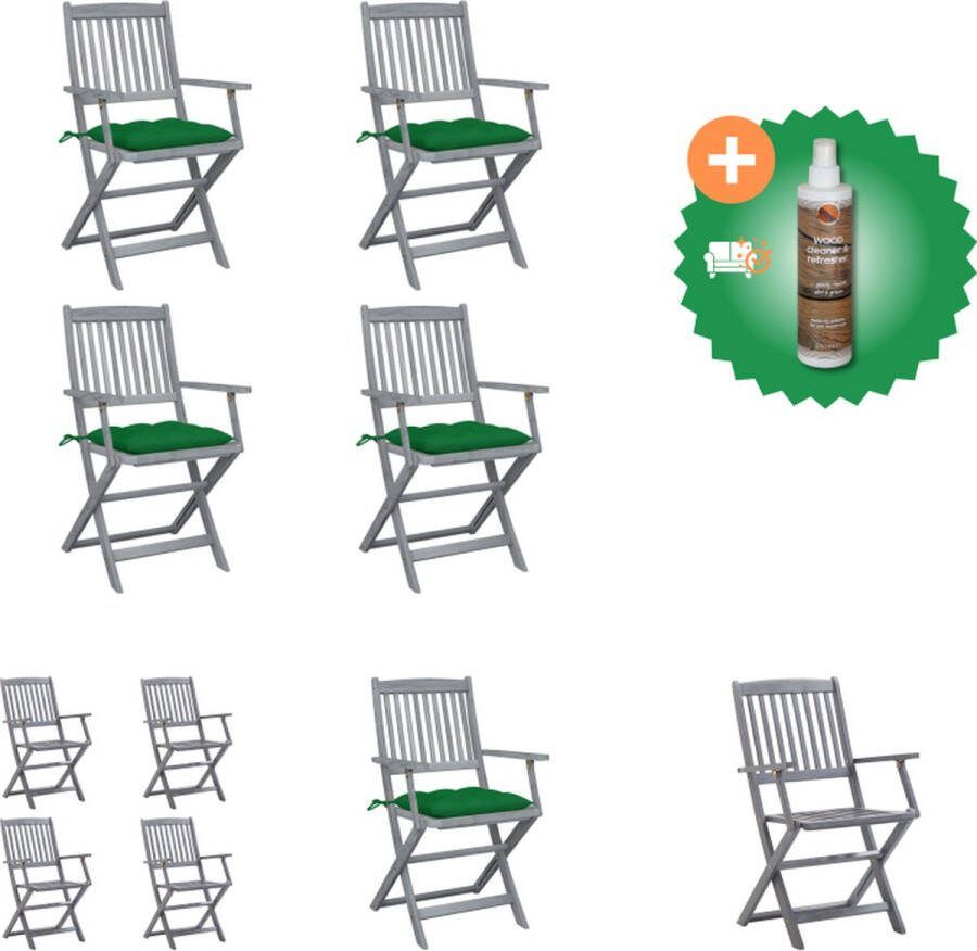 VidaXL Klapstoelen Set van 4 Massief Acaciahout Greywash Groen Kussen Tuinstoel Inclusief Houtreiniger en verfrisser