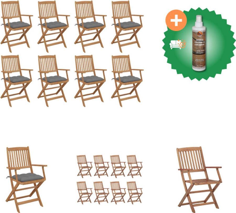 VidaXL Klapstoelen Acaciahout Set van 8 Grijs kussen 54x57x91cm Inklapbaar Waterbestendige hoes Tuinstoel Inclusief Houtreiniger en verfrisser