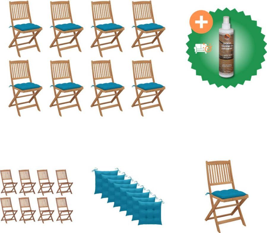 VidaXL Houten Eetstoelen Acaciahout Inklapbaar Lichtblauwe Kussens Set van 8 Tuinstoel Inclusief Houtreiniger en verfrisser