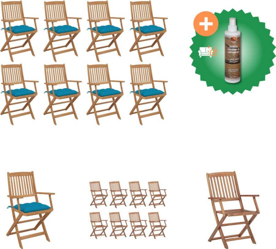 VidaXL Houten Eetstoelen Acaciahout 54x57x91 cm Inklapbaar Lichtblauw kussen Tuinstoel Inclusief Houtreiniger en verfrisser