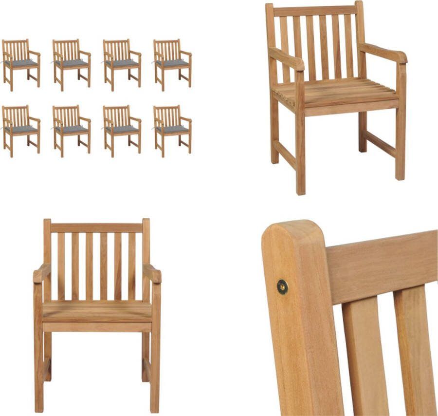 VidaXL Tuinstoelen 8 st met grijze kussens massief teakhout Tuinstoel Tuinstoelen Buitenstoel Buitenstoelen