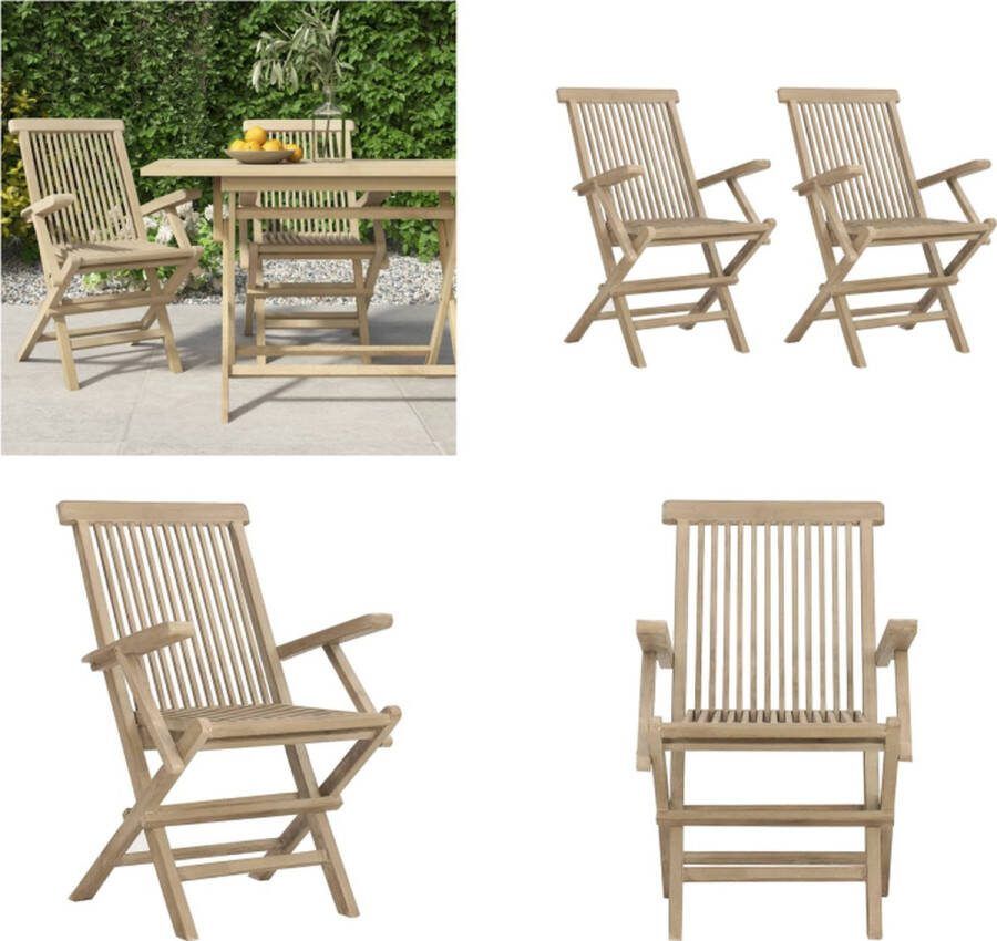 VidaXL Tuinstoelen inklapbaar 2 st 56x61x89 cm massief teakhout grijs Tuinstoel Tuinstoelen Campingstoel Terrasstoel