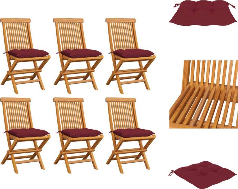 VidaXL Tuinstoelen Inklapbaar Teakhout 47 x 60 x 89 cm Wijnrode Kussens Tuinstoel