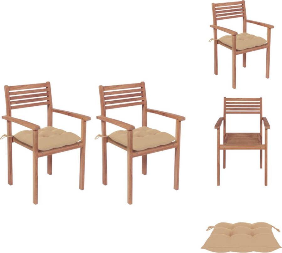 VidaXL Tuinstoelen Teakhout Stapelbaar Beige kussen 56x51x90cm Set van 2 Tuinstoel