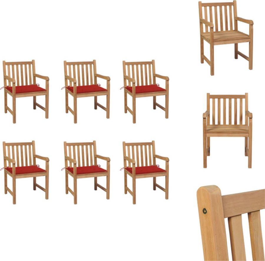 VidaXL Tuinstoelenset Teakhout 6 stoelen inclusief kussens 58x60x90 cm Rood kussen Montage vereist Tuinstoel