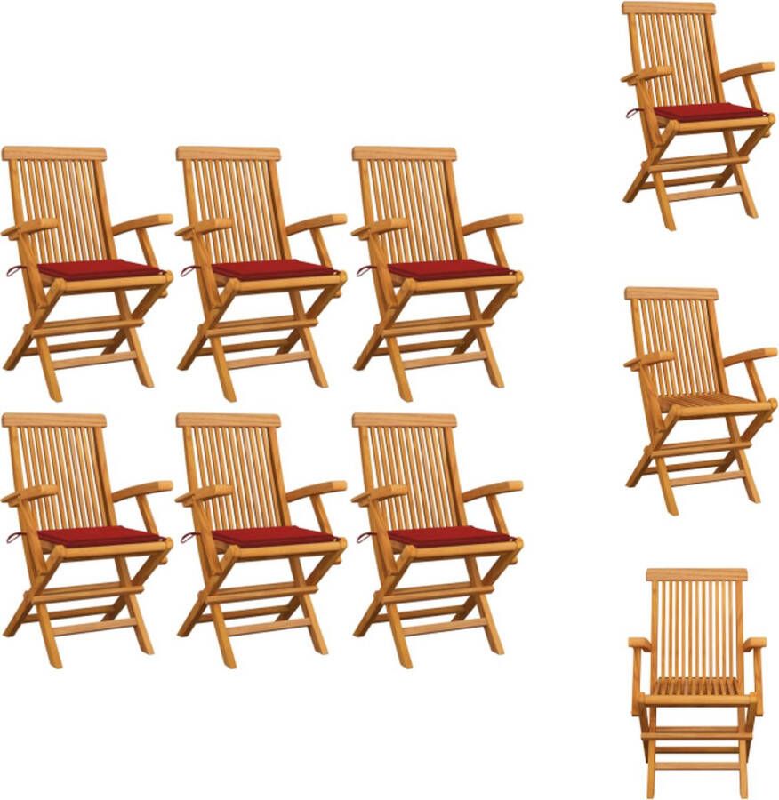 VidaXL Tuinstoelenset Teakhout 6 stoelen Rood kussen Tuinstoel