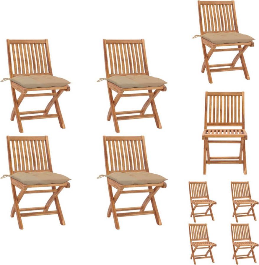 VidaXL Tuinstoelenset Teakhout Inklapbaar Beige kussens 46.5 x 58 x 88 cm Tuinstoel
