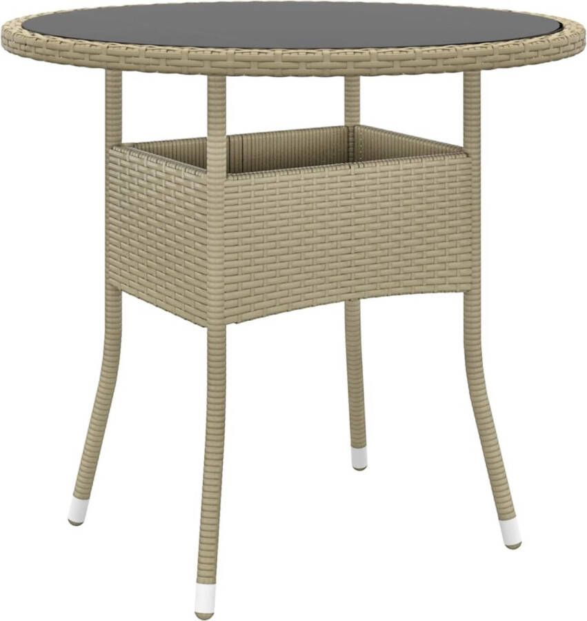 VidaXL -Tuintafel-Ø80x75-cm-gehard-glas-en-poly-rattan-beige