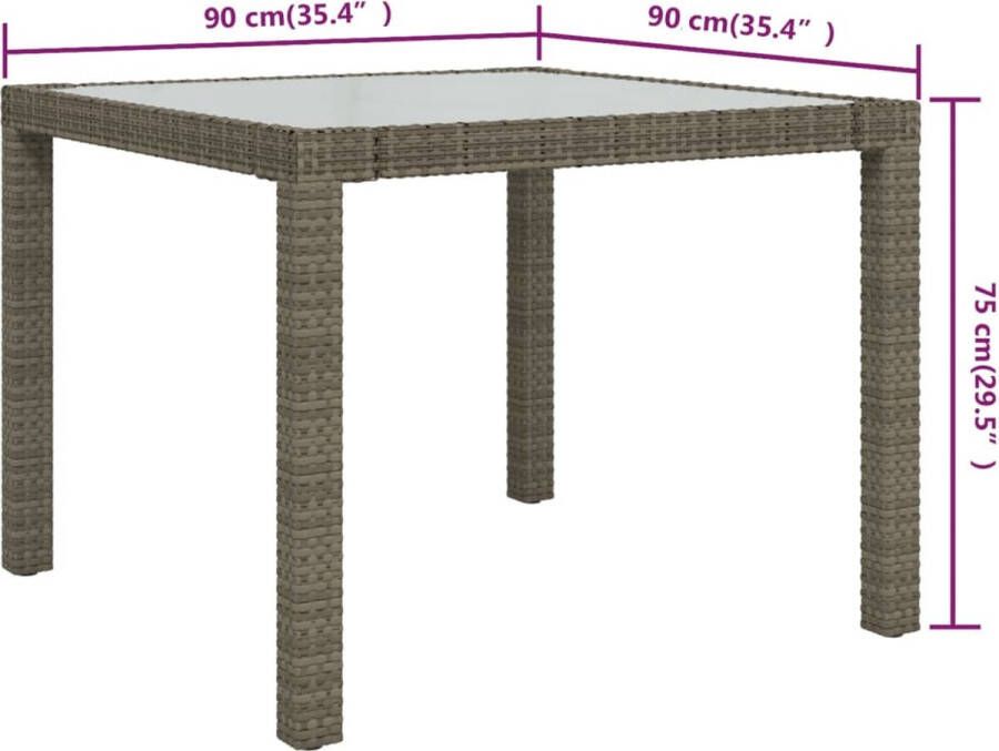 VidaXL -Tuintafel-90x90x75-cm-gehard-glas-en-poly-rattan-grijs