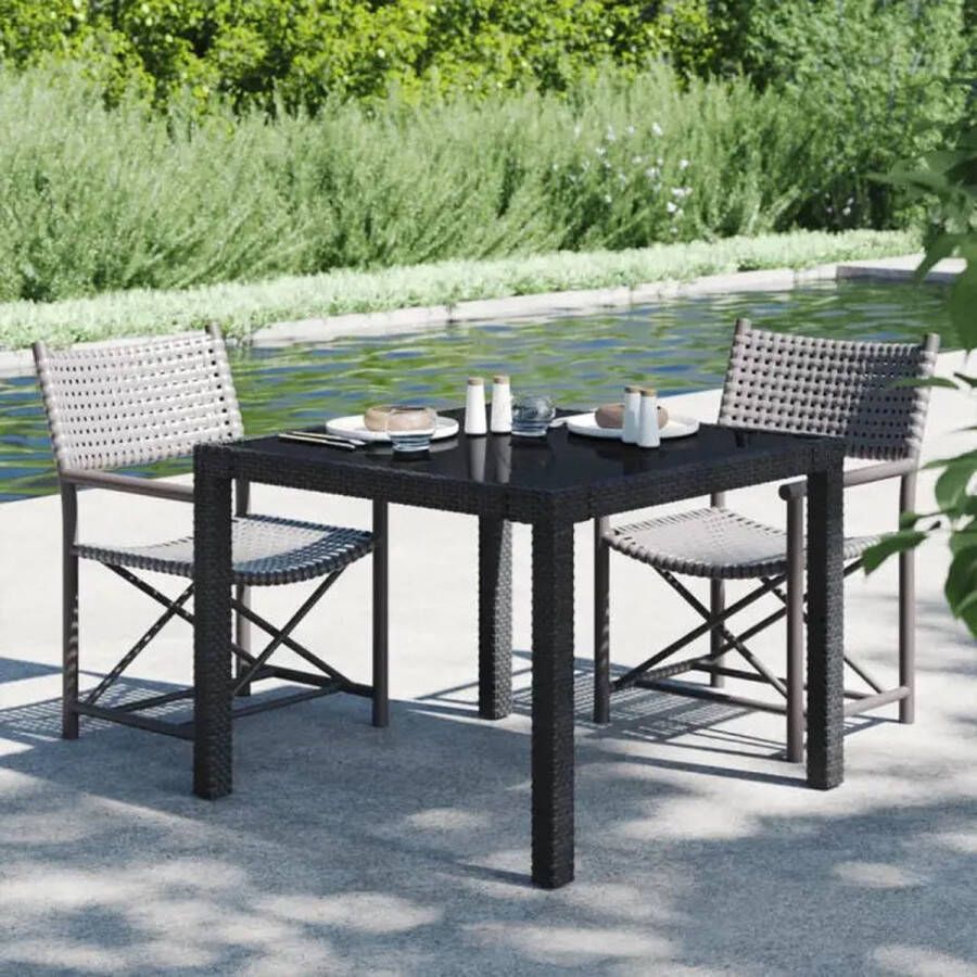 vidaXL Tuintafel 90x90x75 cm gehard glas en poly rattan zwart