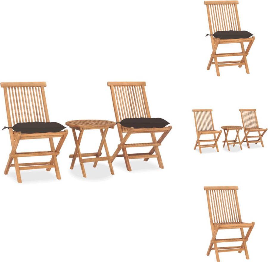 VidaXL Tuintafel en stoelen Hard teakhout Stapelbaar Inklapbaar ontwerp Taupe kussen Afmetingen- 50 x 50 cm tafel 46 x 62 x 90 cm stoel Tuinset