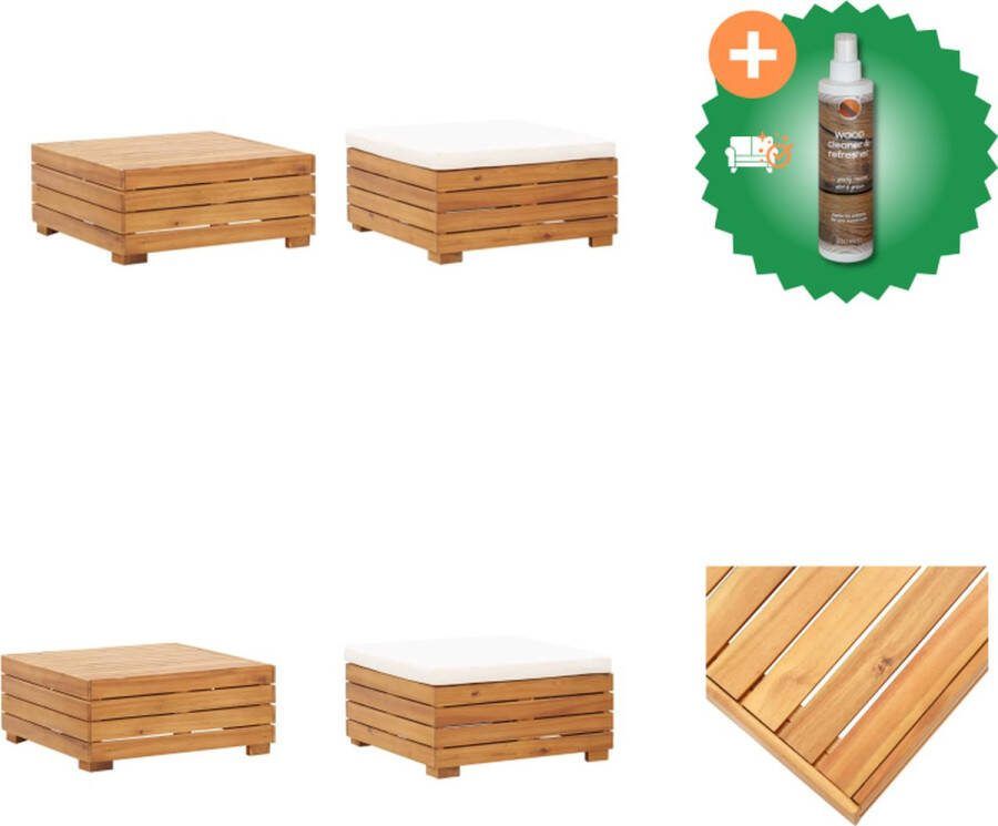 VidaXL Tuinmeubelset Massief acaciahout Tafel Voetenbank 68x68x30 cm Crèmewit kussen Tuinbank Inclusief Houtreiniger en verfrisser