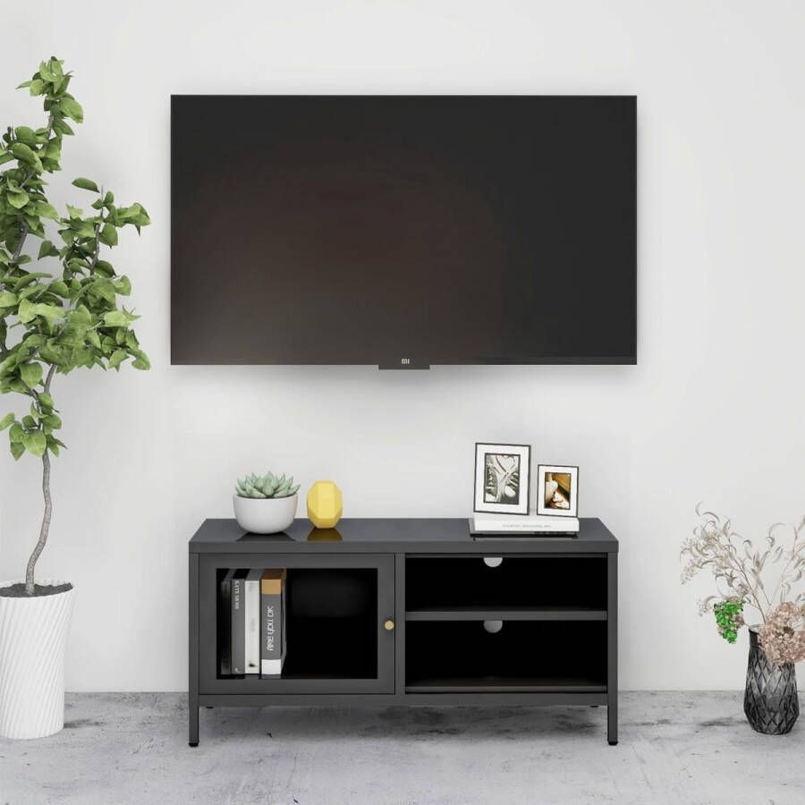 vidaXL Tv meubel 90x30x44 cm staal en glas antracietkleurig