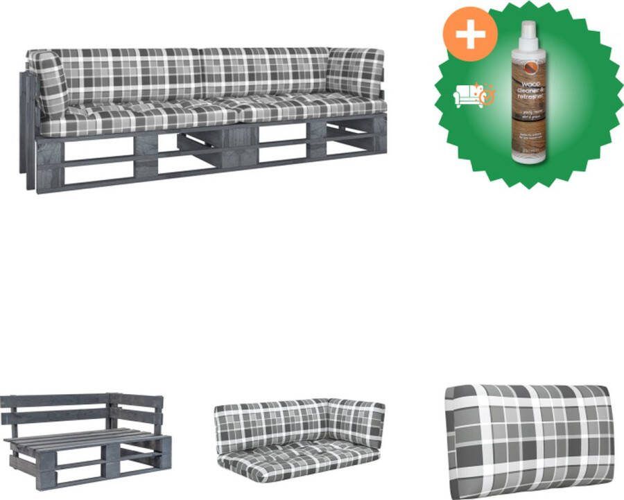 VidaXL Tuinbank Pallet 110 x 65 x 55 cm Grenenhout Grijs geïmpregneerd 100% polyester kussens Tuinset Inclusief Houtreiniger en verfrisser