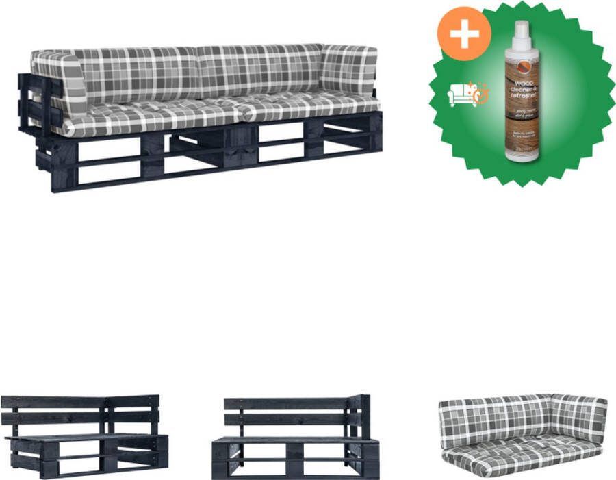 VidaXL Hoekbank Pallet 110x65x55 cm Grenenhout Zwart geïmpregneerd Grijs ruitkussen Montage vereist Tuinset Inclusief Houtreiniger en verfrisser