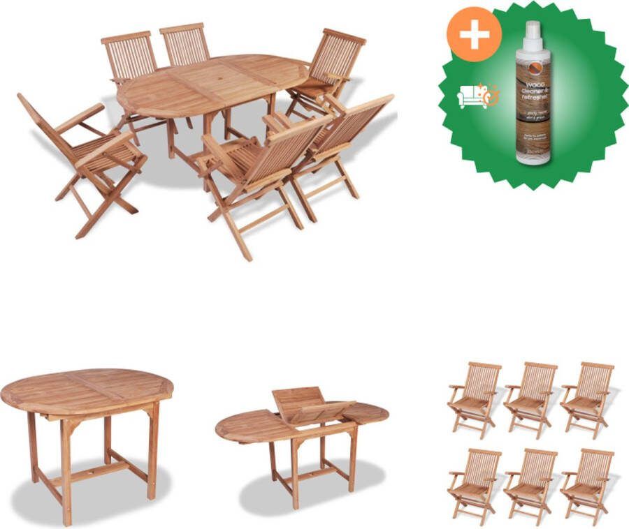 VidaXL Uitschuifbare Tafel met 6 Klapstoelen Teakhout (110-160)x80x75cm Tuinset Inclusief Houtreiniger en verfrisser