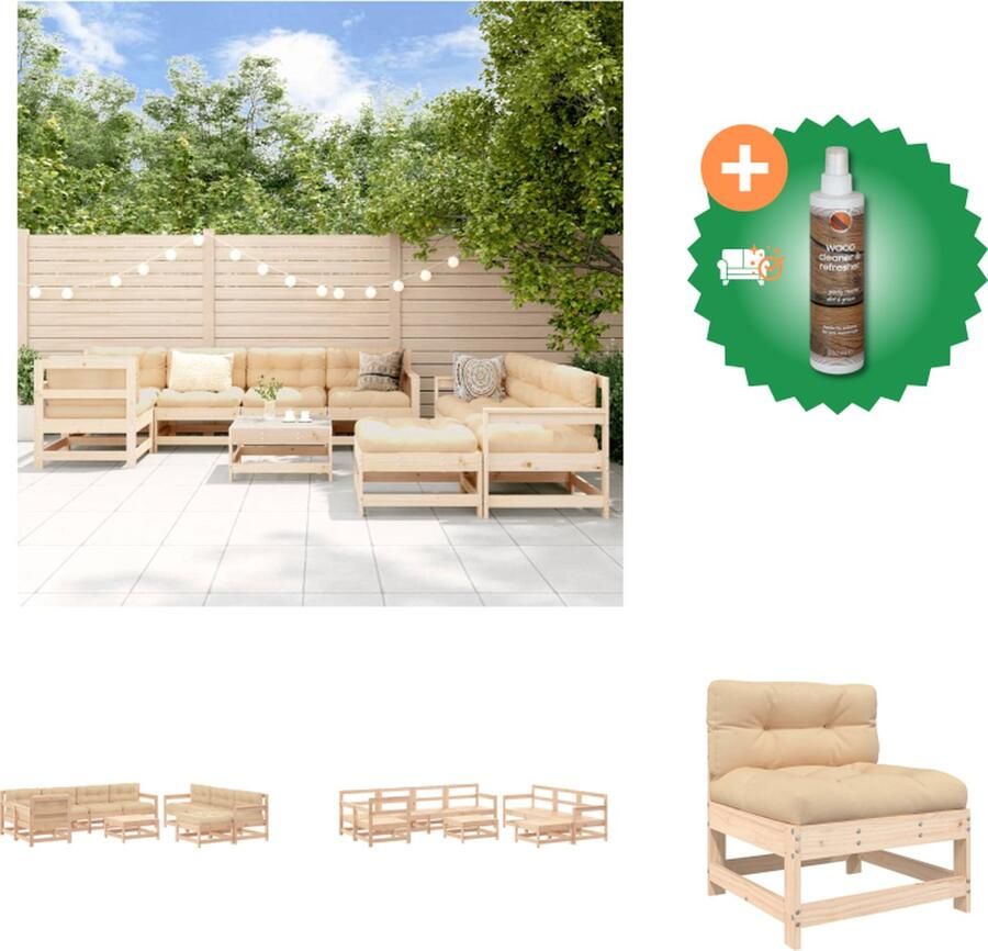 VidaXL Loungeset Grenenhout Modulair 3x Middenbank 5x Tuinstoel 2x Voetenbank Salontafel Beige Kussens 150x60x70.5cm Tuinset Inclusief Houtreiniger en verfrisser
