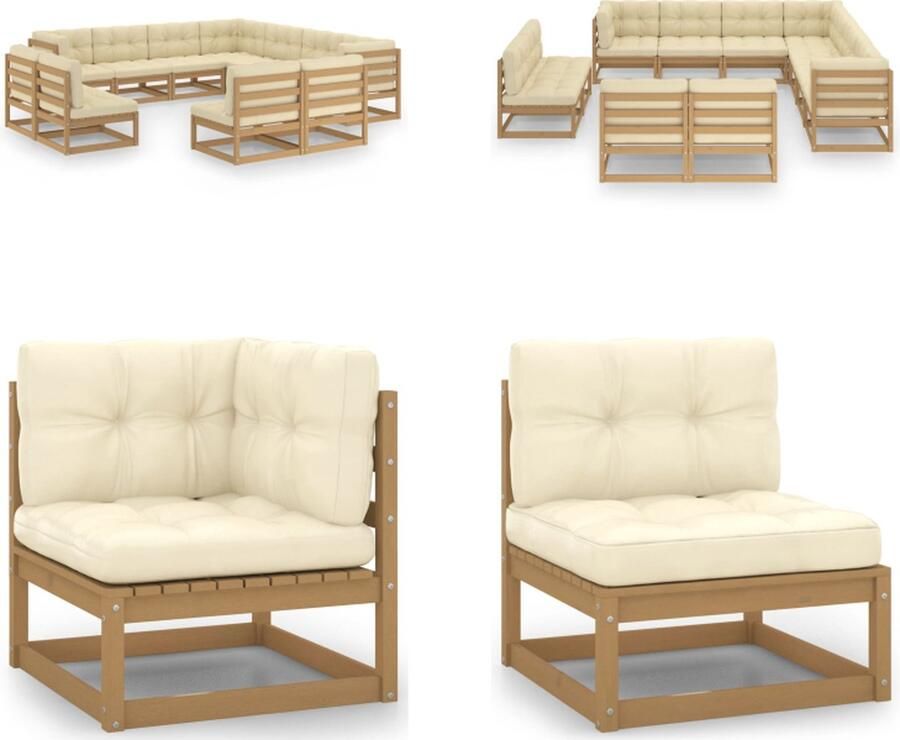 VidaXL 11-delige Loungeset met kussens massief grenenhout honingbruin Loungeset Loungesets Tuinsets