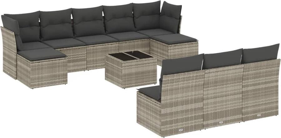 VidaXL 11-delige Loungeset met kussens poly rattan lichtgrijs