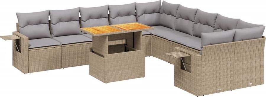 VidaXL 11-delige Tuinset met kussens poly rattan beige
