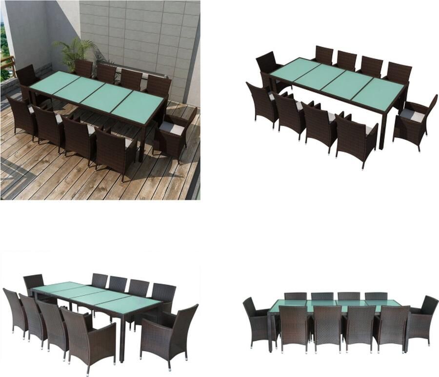 VidaXL -11-delige-Tuinset-met-kussens-poly-rattan-bruin Eethoek Voor Buiten Eethoeken Voor Buiten Tuintafel En Stoel Tuintafels En Stoelen