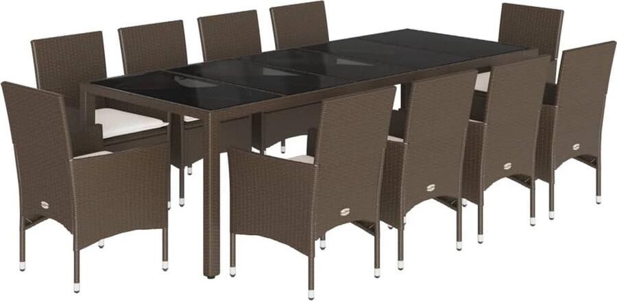 VidaXL 11-delige Tuinset met kussens poly rattan en glas bruin