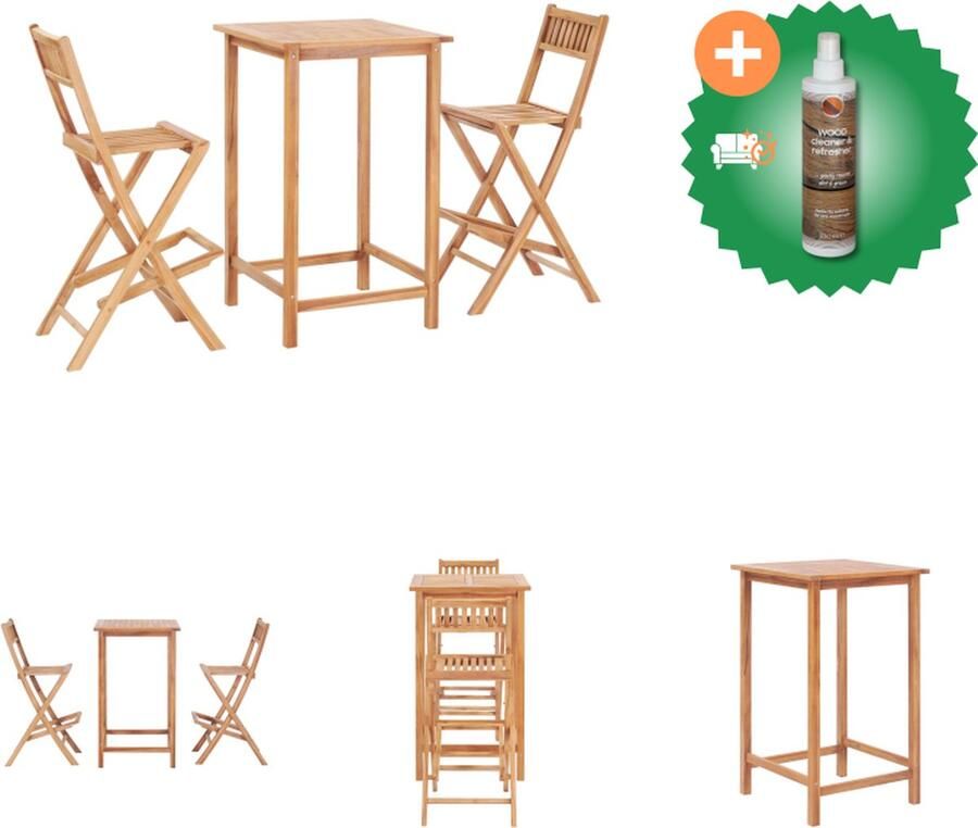 VidaXL Teak Bartafelset Inklapbare Barkrukken Afm Tafel- 65x65x110cm Afm Stoel- 45x60x113.5cm Duurzaam Teakhout Tuinset Inclusief Houtreiniger en verfrisser