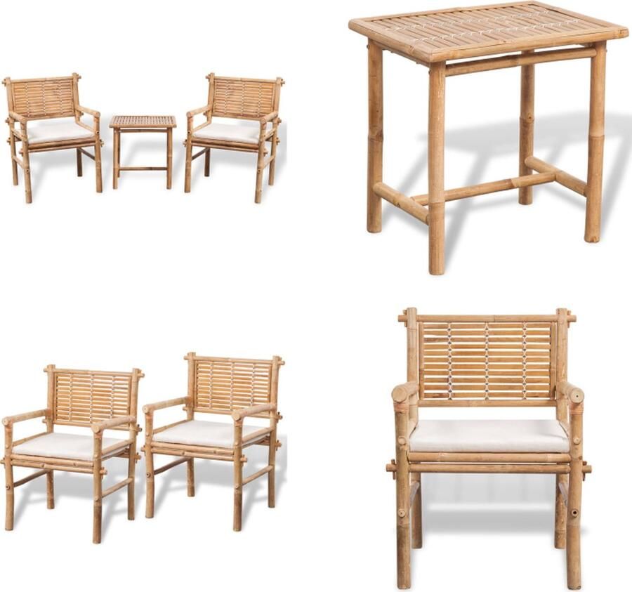 VidaXL -3-delige-Bistroset-met-kussens-bamboe Tuintafel En Stoel Tuintafels En Stoelen Tuintafel Set Tuintafel Sets