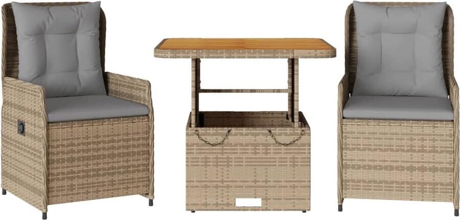 VidaXL 3-delige Bistroset met kussens poly rattan beige