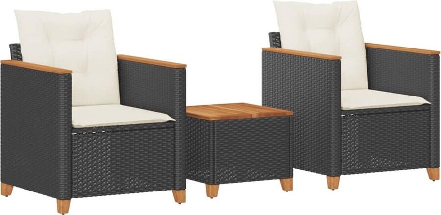 VidaXL 3-delige Bistroset met kussens poly rattan en acaciahout zwart
