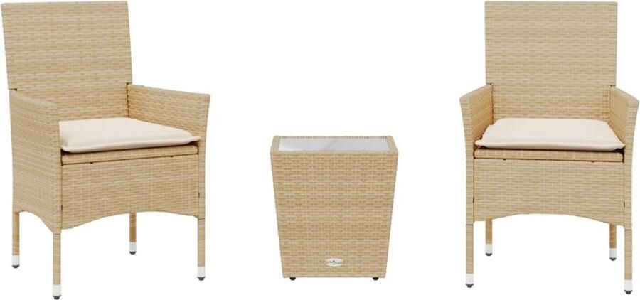 VidaXL 3-delige Bistroset met kussens poly rattan en glas beige