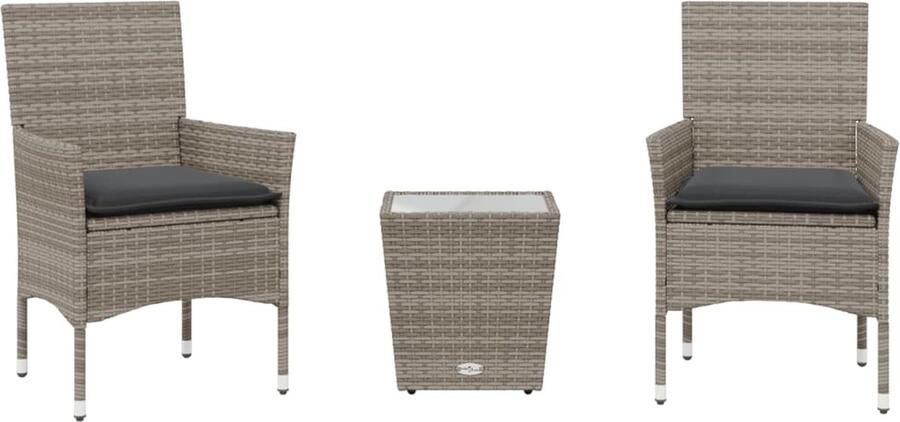 VidaXL 3-delige Bistroset met kussens poly rattan en glas grijs