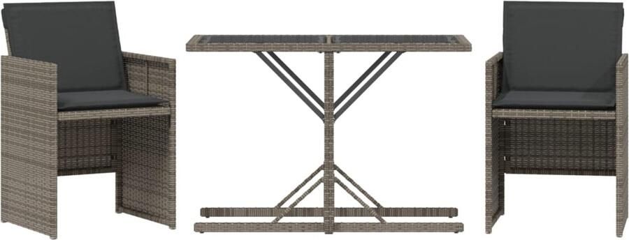 VidaXL 3-delige Bistroset met kussens poly rattan grijs