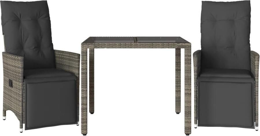 VidaXL 3-delige Bistroset met kussens poly rattan grijs