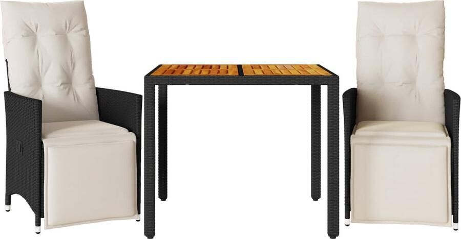 VidaXL 3-delige Bistroset met kussens poly rattan zwart
