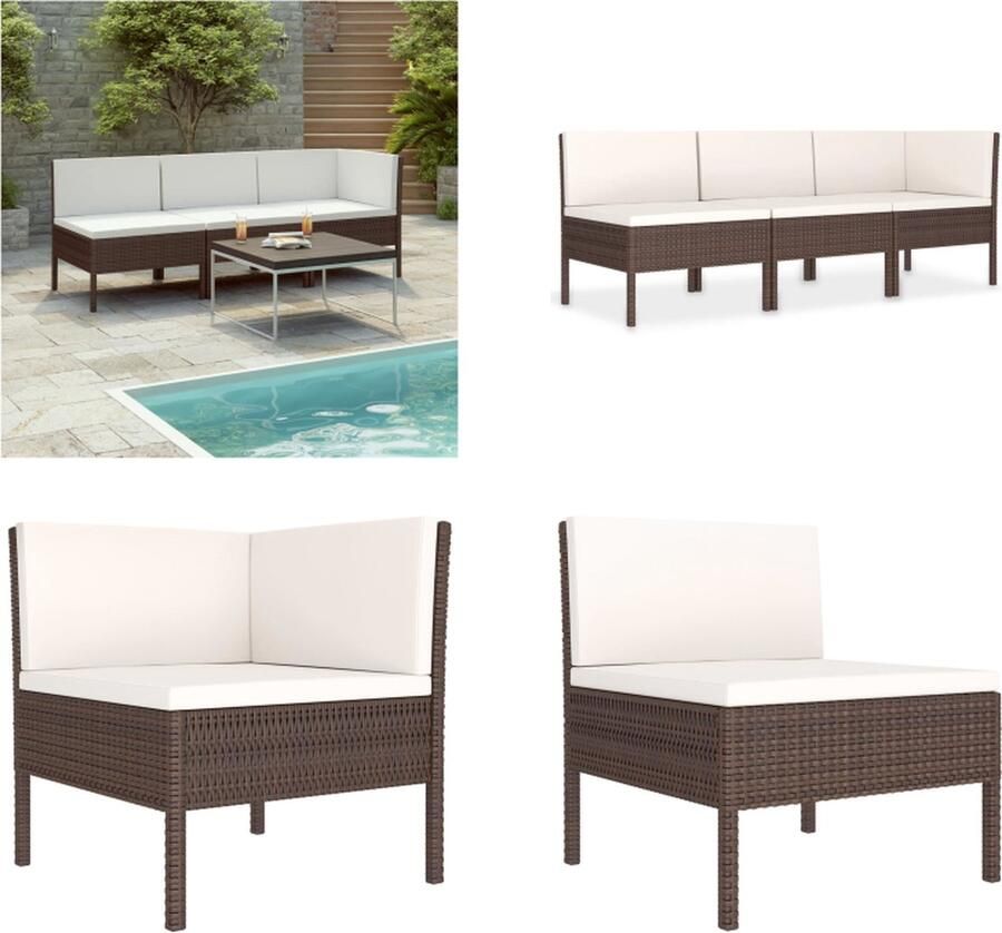 VidaXL 3-delige Loungeset met kussens poly rattan bruin Tuinbank Tuinbanken Loungebank Loungebanken
