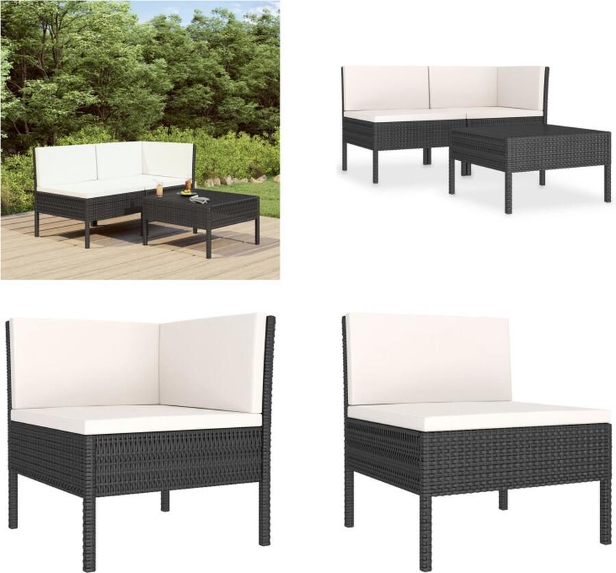VidaXL 3-delige Loungeset met kussens poly rattan zwart Tuinbank Tuinbanken Loungebank Loungebanken