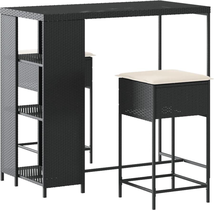 VidaXL 3-delige Tuinbarset met kussens poly rattan zwart