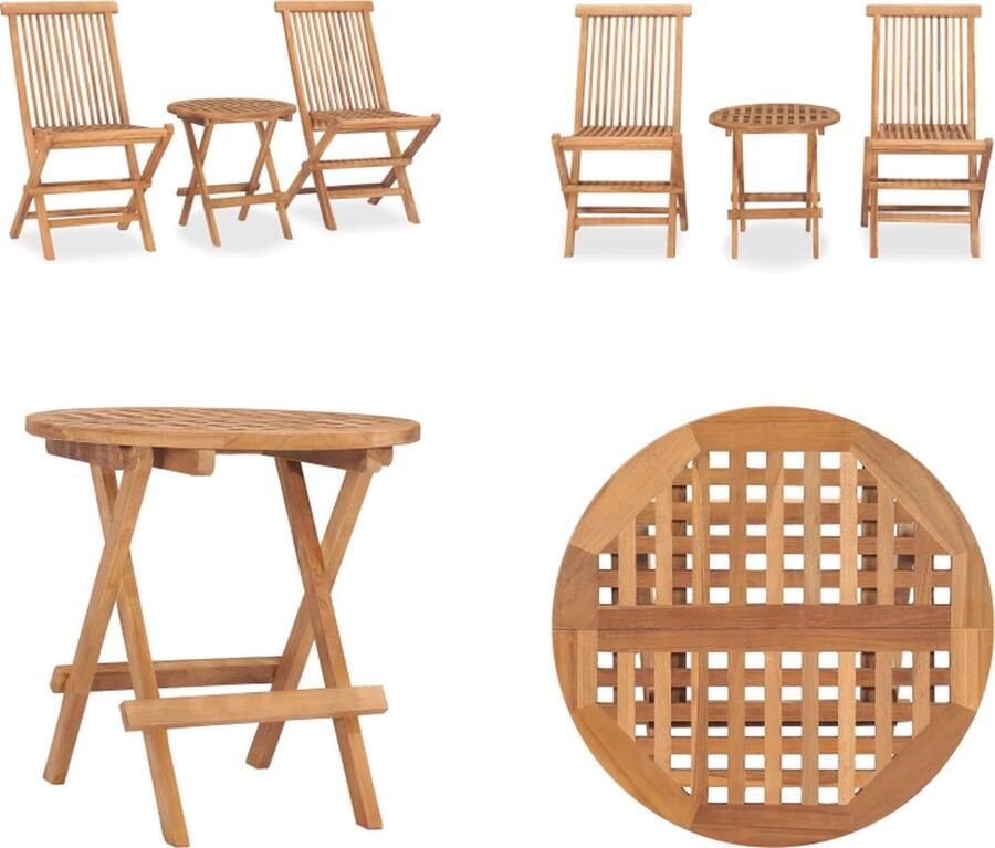 VidaXL 3-delige Tuinset inklapbaar massief teakhout Eethoek Voor Buiten Eethoeken Voor Buiten Eettafelset Voor Buiten Eettafelsets Voor Buiten