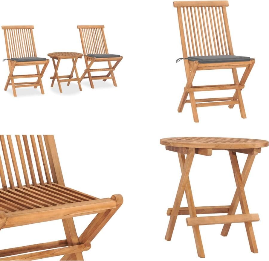 VidaXL 3-delige Tuinset inklapbaar met kussen massief teakhout Eethoek Voor Buiten Eethoeken Voor Buiten Eettafelset Voor Buiten Eettafelsets Voor Buiten