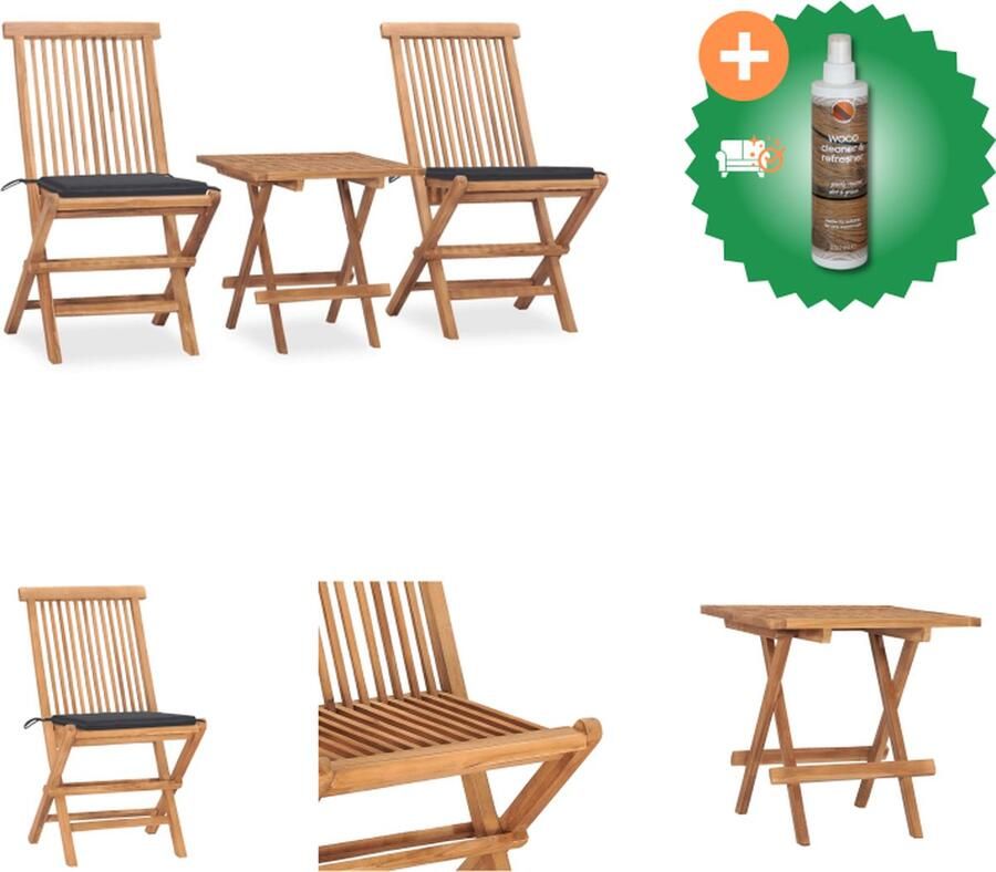 VidaXL Eethoek Teakhouten Tafel 50x50x50cm Stoelen 46x62x90cm Antraciet kussen Tuinset Inclusief Houtreiniger en verfrisser