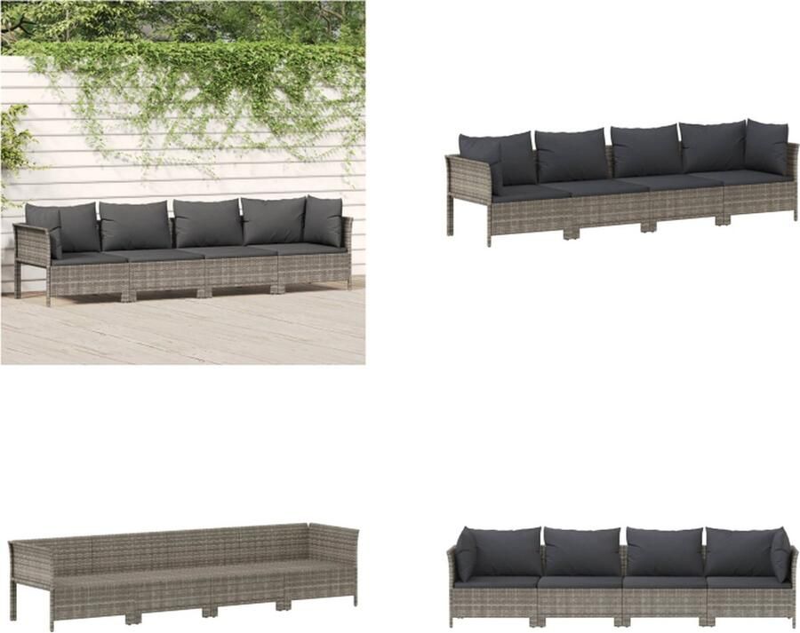 VidaXL 4-delige Loungeset met kussens poly rattan grijs Loungeset Loungesets Loungeset Tuin Loungebank Tuin