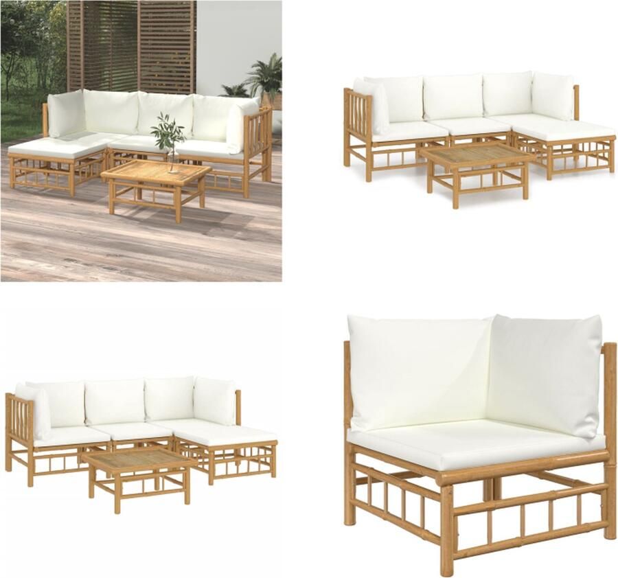 VidaXL 5-delige Loungeset met kussens bamboe crèmewit Loungeset Loungesets Tuinset Bamboe Loungeset
