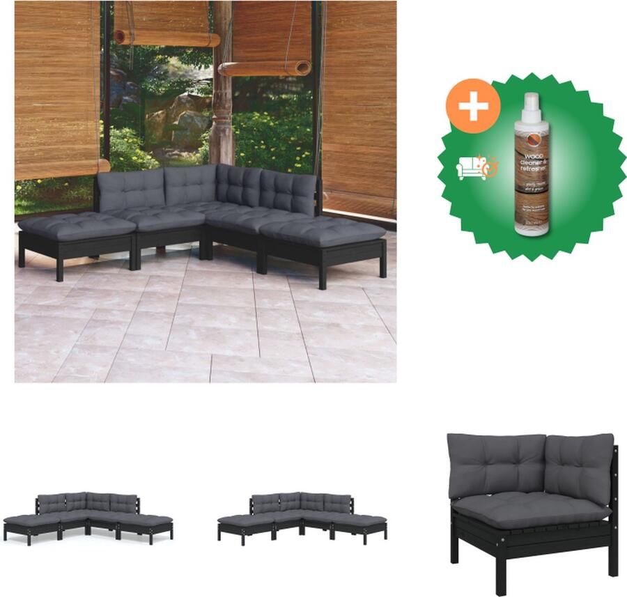 VidaXL 5 delige Loungeset met kussens grenenhout zwart Tuinset Inclusief Houtreiniger en verfrisser
