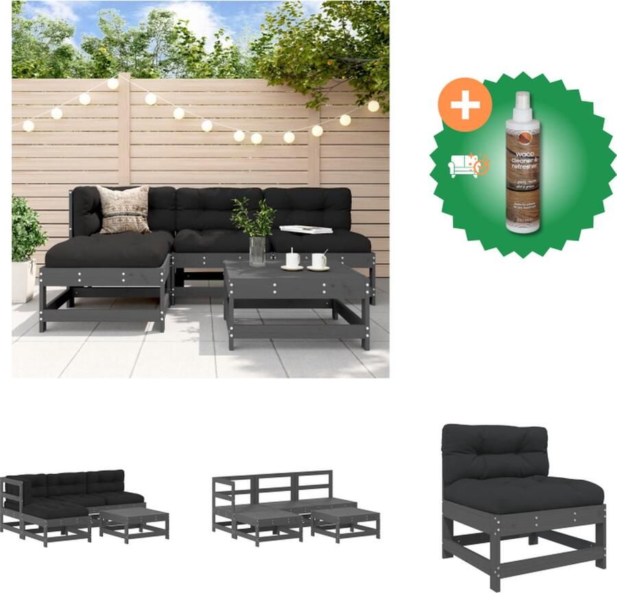 VidaXL loungeset massief grenenhout grijs middenbank- 62x62x70.5cm hoekbank- 62x62x70.5cm voetenbank salontafel- 62x62x32cm zwart kussen 110kg Tuinset Inclusief Houtreiniger en verfrisser