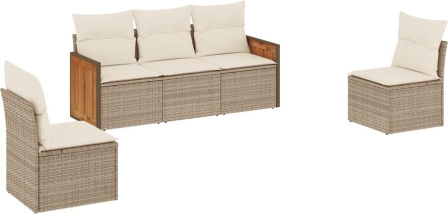 VidaXL 5-delige Loungeset met kussens poly rattan beige