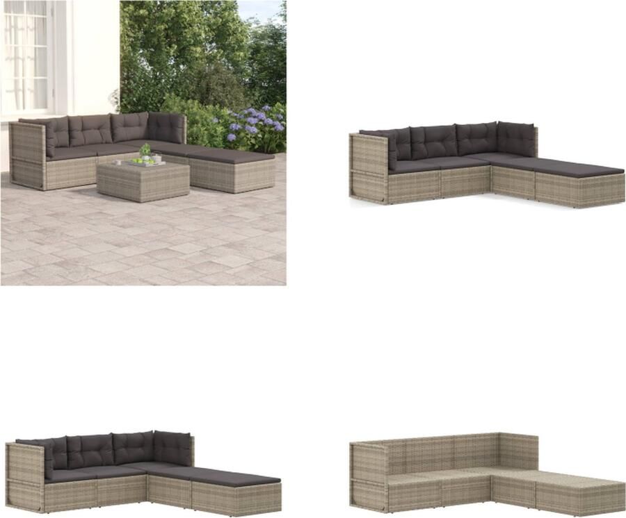 VidaXL 5-delige Loungeset met kussens poly rattan grijs Tuinset Loungeset Tuin Tuinlounge Loungebank Tuin